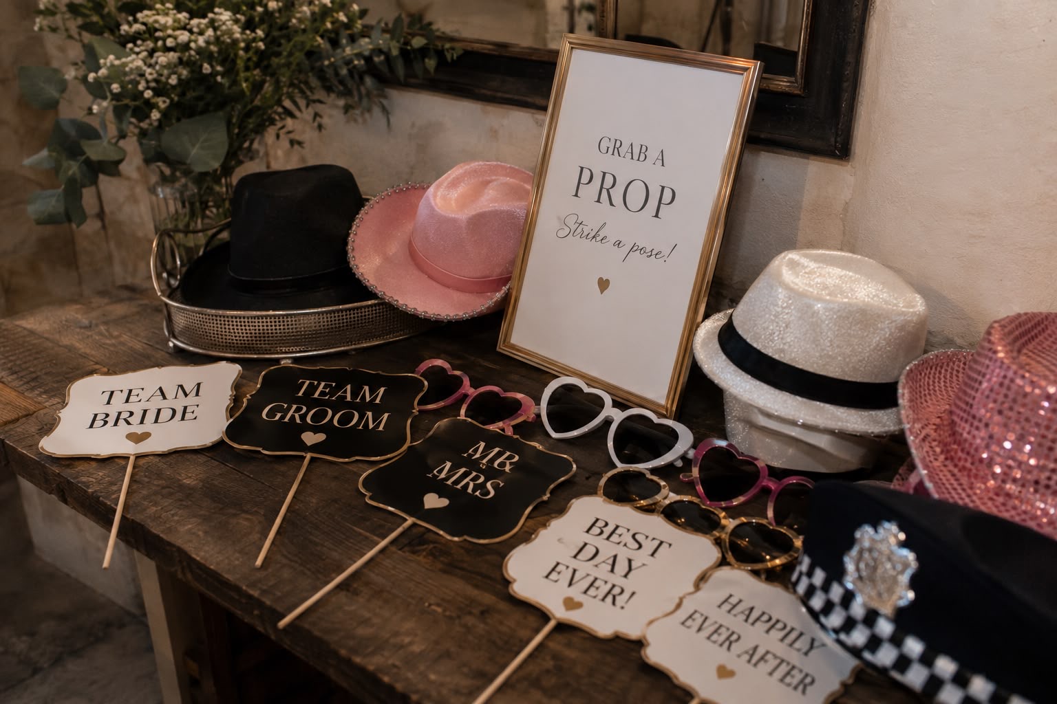 Premium photo booth prop table with signs, hats and glasses at a wedding