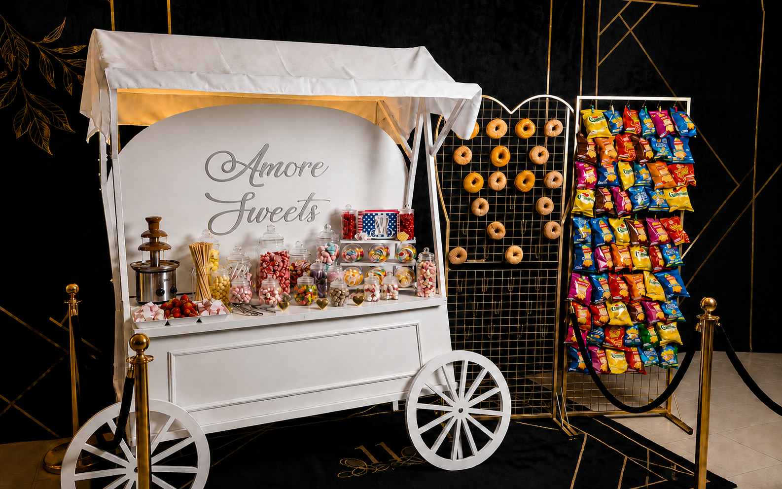 Luxury white and gold Amore Sweets sweet cart with chocolate fountain, donut wall and crisp wall