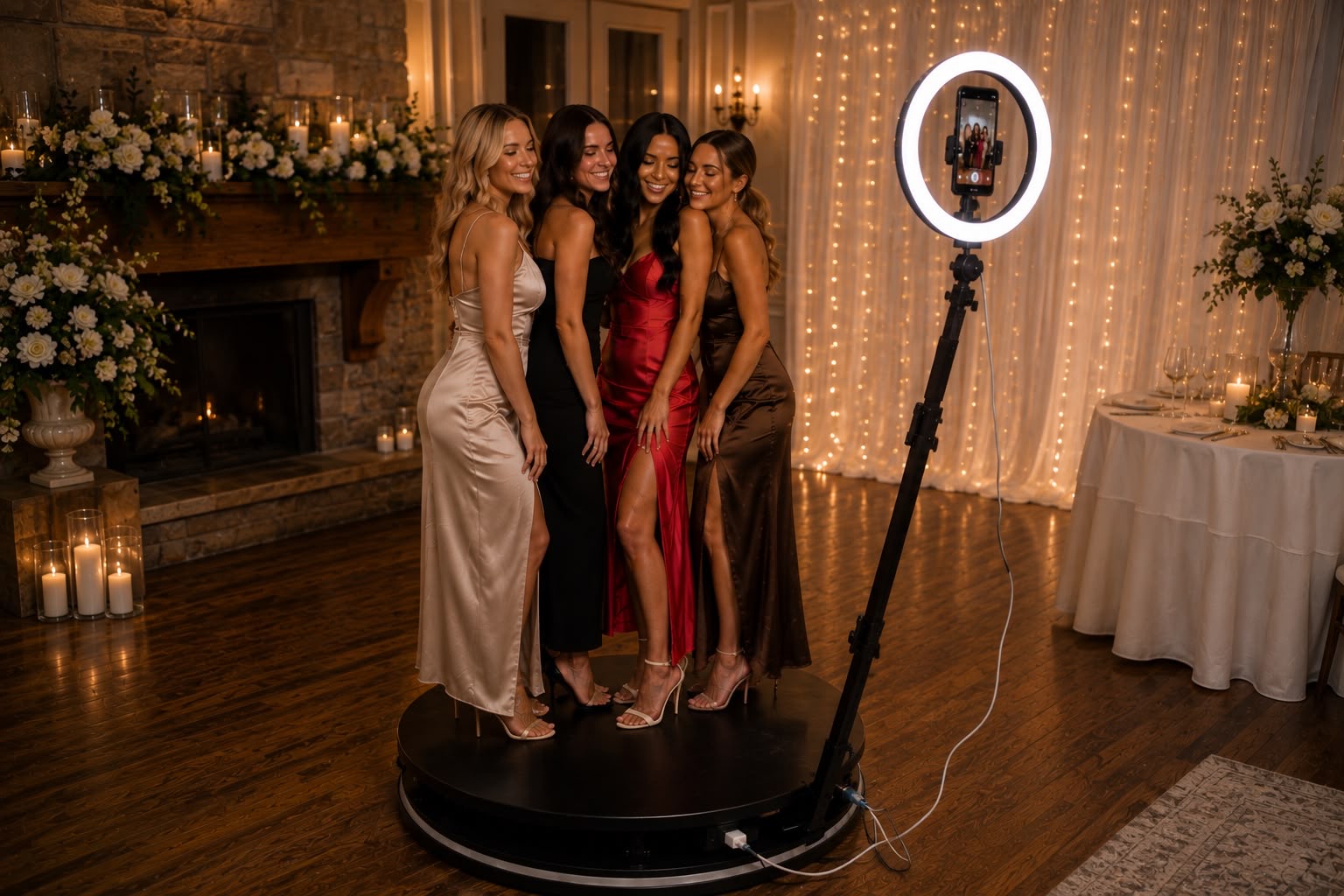 Guests celebrating on the 360 Photo Booth platform at a wedding reception