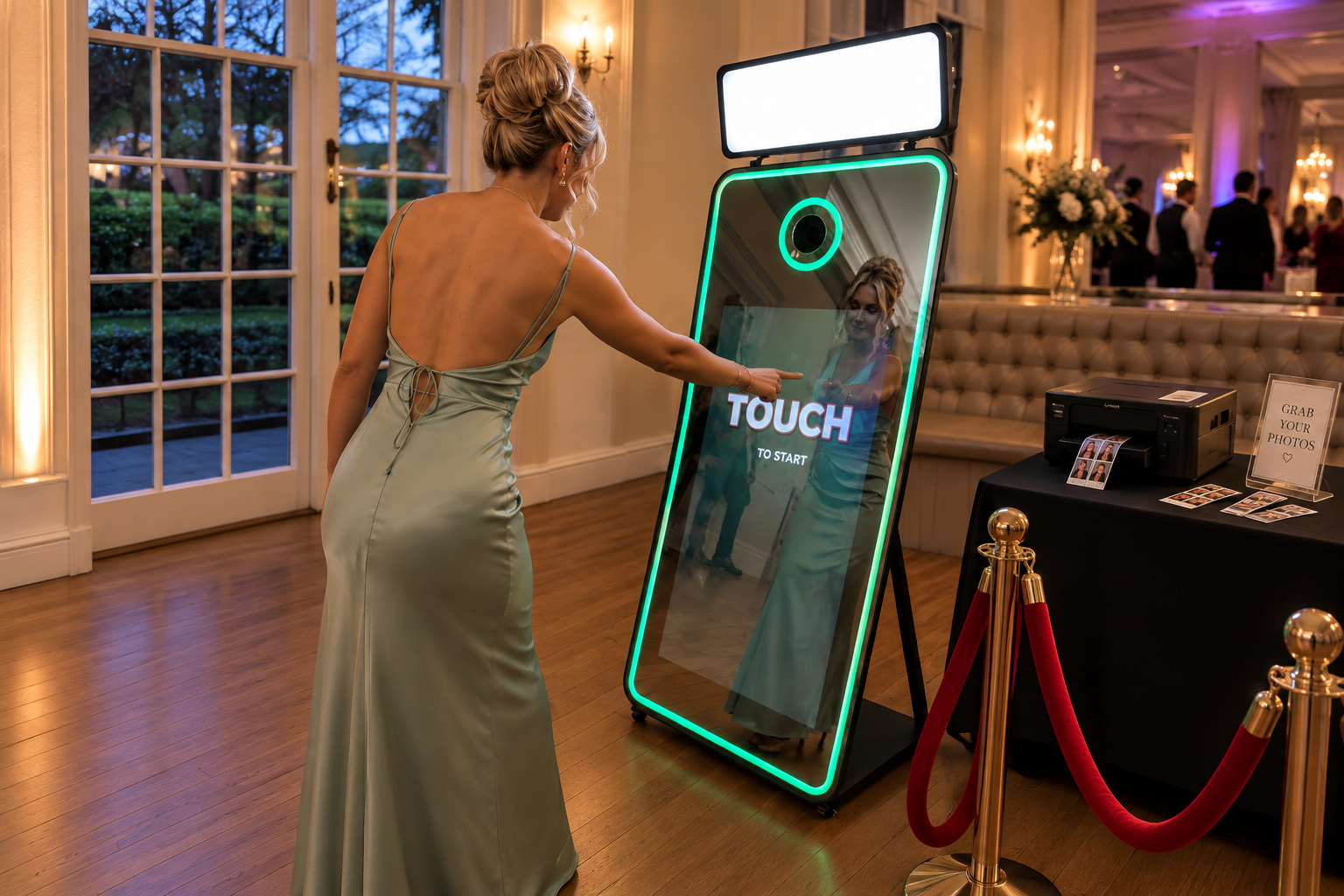 70 inch Magic Mirror photo booth display with a guest posing at a luxury venue